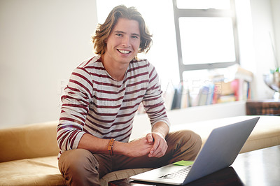 Buy stock photo Portrait, happy man and student in living room for elearning or knowledge with laptop. Computer, college and remote education with person in home for study, smile and university scholarship in USA