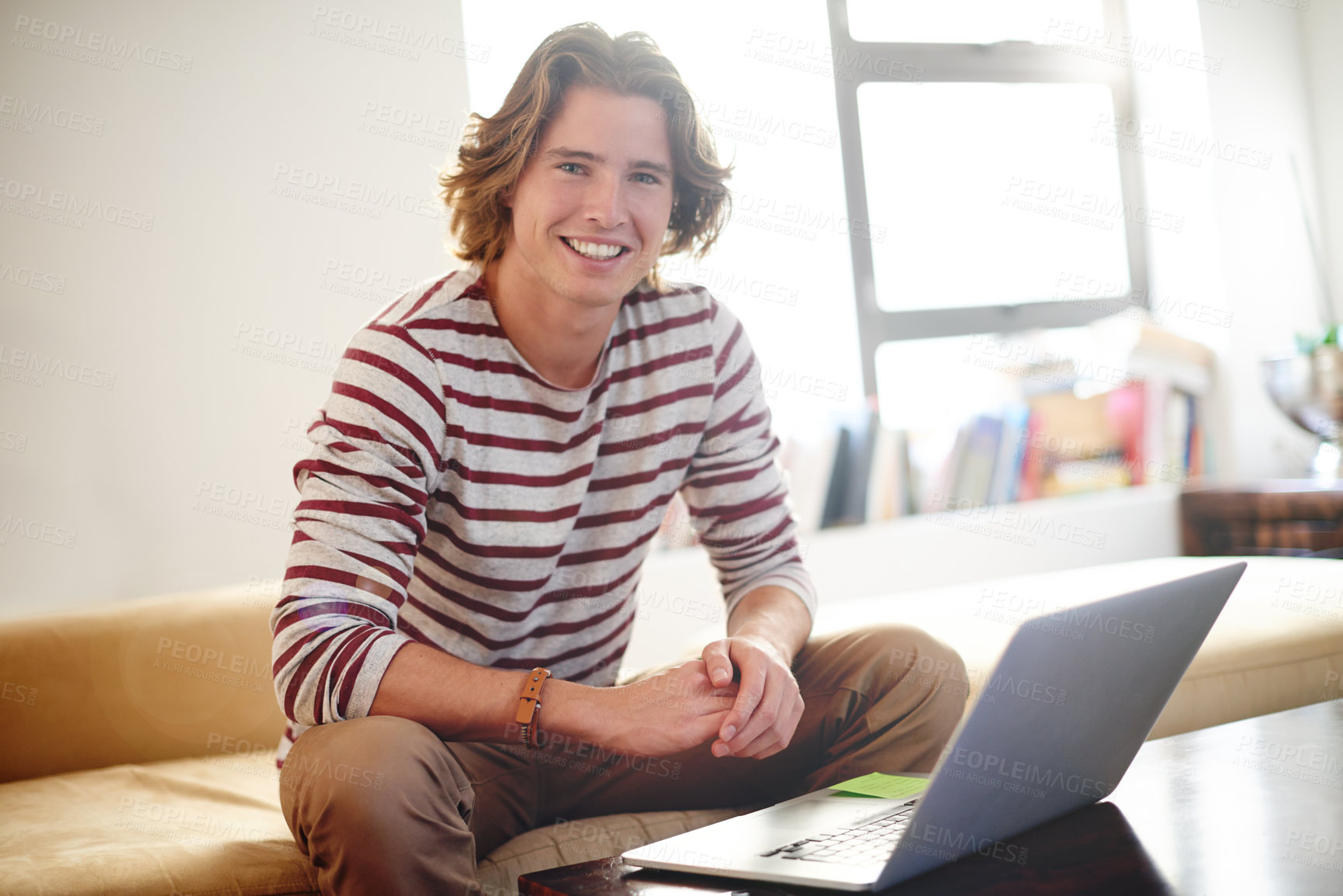 Buy stock photo Portrait, happy man and student in living room for elearning or knowledge with laptop. Computer, college and remote education with person in home for study, smile and university scholarship in USA