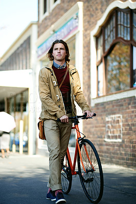 Buy stock photo Commute, walking and man with bicycle in city for sustainable travel or cycling in town. Thinking, morning or male person with bike for eco friendly transportation on urban sidewalk street in London