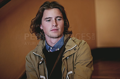 Buy stock photo Man, student and thinking on stairs at college with reflection, education and decision for course at campus. Person, perspective and break on steps with insight, scholarship or study at university