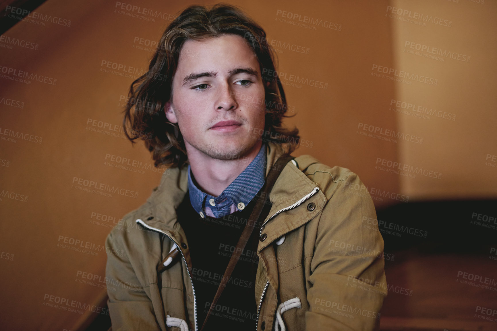 Buy stock photo Man, student and thinking on stairs at college with reflection, education and decision for course at campus. Person, perspective and break on steps with insight, scholarship or study at university