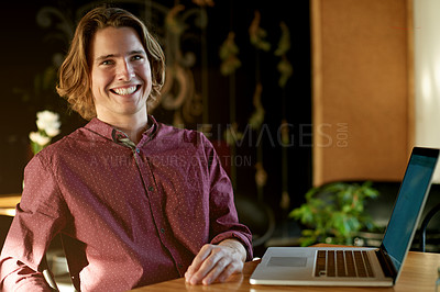 Buy stock photo Happy, thinking and man with laptop in cafe for remote work, seo content writer or research. Restaurant, coffee shop and person with computer for website, online report and ideas for freelance career