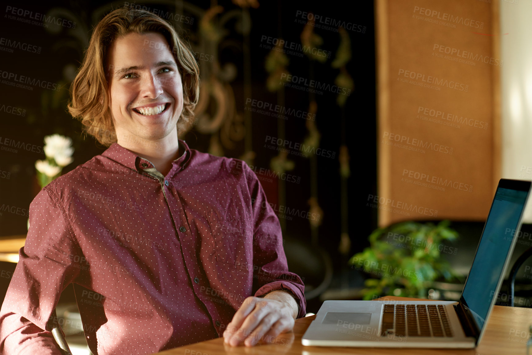 Buy stock photo Happy, thinking and man with laptop in cafe for remote work, seo content writer or research. Restaurant, coffee shop and person with computer for website, online report and ideas for freelance career