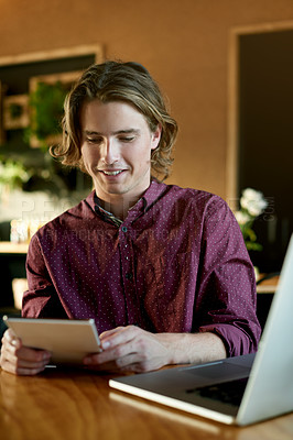 Buy stock photo Remote work, happy man and tablet in coffee shop for research, check email or social media account. Cafe, tech and freelancer with app for communication, platform engagement or reading good news