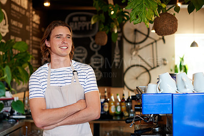 Buy stock photo Crossed arms, man and barista in coffee shop with confidence for hospitality career at restaurant. Entrepreneur, thinking and male waiter with pride for customer service industry at cafe or diner.