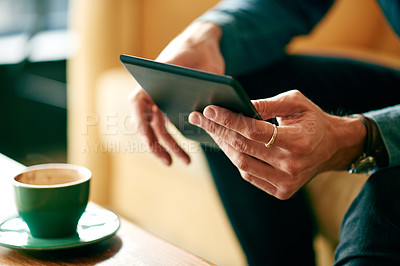 Buy stock photo Cafe, browsing and hands with tablet, coffee and critic with review of latte, info or online for article. Shop, scroll and person with tech for rating, tea cup or planning for project on social media