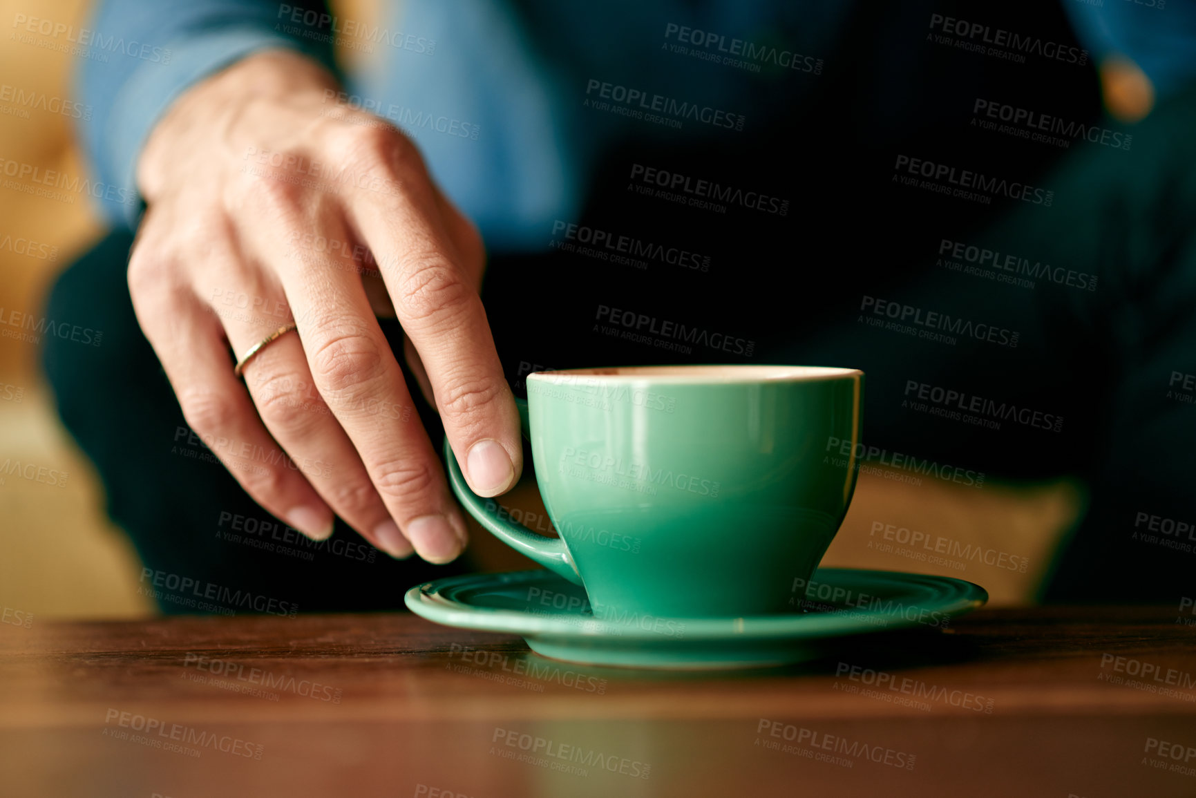 Buy stock photo Person, hands and cafe with coffee for hot beverage, caffeine or drink at restaurant. Closeup, tea cup or customer in store with warm latte, cappuccino or espresso for hospitality service on break