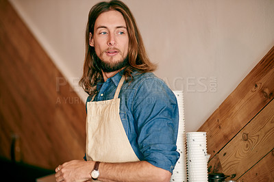 Buy stock photo Man, barista and thinking in cafe for service industry, hospitality and entrepreneur. Small business, owner and apron in coffee shop with expertise, customer care and confident for startup growth