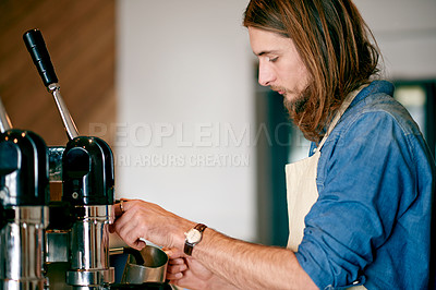 Buy stock photo Man, barista and cafe with coffee machine for customer service, order or brewing caffeine at store. Male person, bistro or employee with cup or craft for drink, beverage or preparing espresso at shop