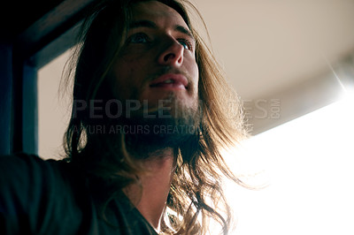 Buy stock photo Thinking, home and man with ideas, relax and daydreaming with weekend break, calm and solution. Apartment, peace and person with wonder, thoughtful and contemplation with decision, space and choice