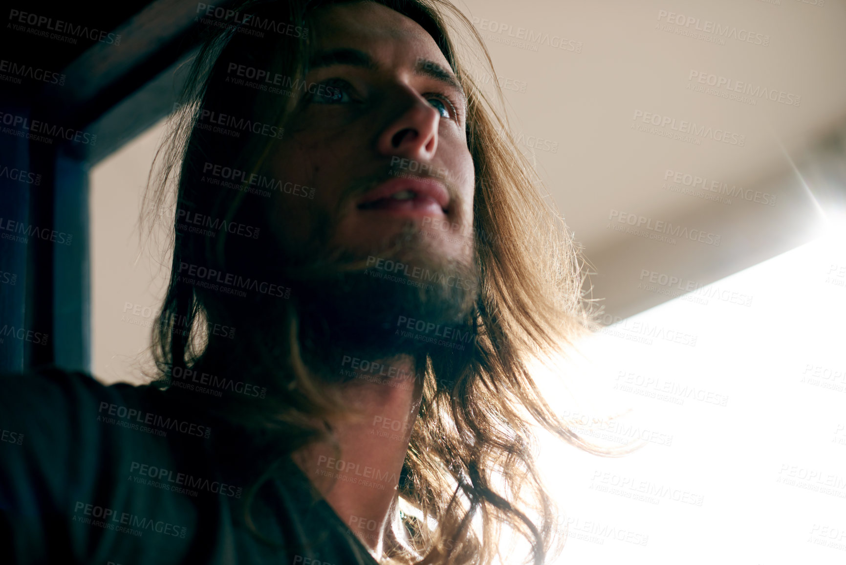 Buy stock photo Thinking, home and man with ideas, relax and daydreaming with weekend break, calm and solution. Apartment, peace and person with wonder, thoughtful and contemplation with decision, space and choice
