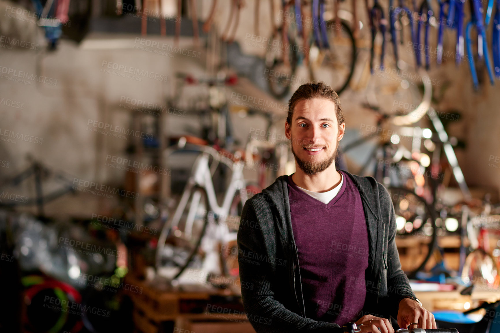 Buy stock photo Bicycle, workshop and portrait of man in store for fixing, repair service and selling bike equipment. Startup, small business and happy person for vehicle maintenance, cyclist technician and mechanic