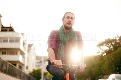 Buy stock photo Sunrise, thinking or man on bike in city for eco friendly transport, commute or entrepreneur. Outdoor travel, cycling or designer on road in urban town with ride, fashion or bicycle for creative job