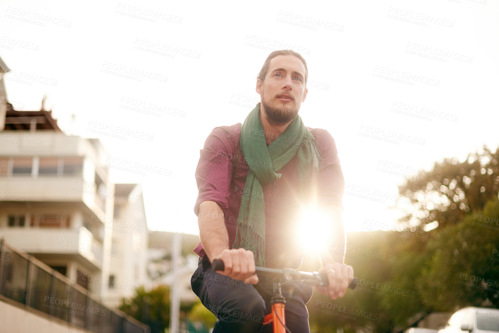 Buy stock photo Sunrise, thinking or man on bike in city for eco friendly transport, commute or entrepreneur. Outdoor travel, cycling or designer on road in urban town with ride, fashion or bicycle for creative job