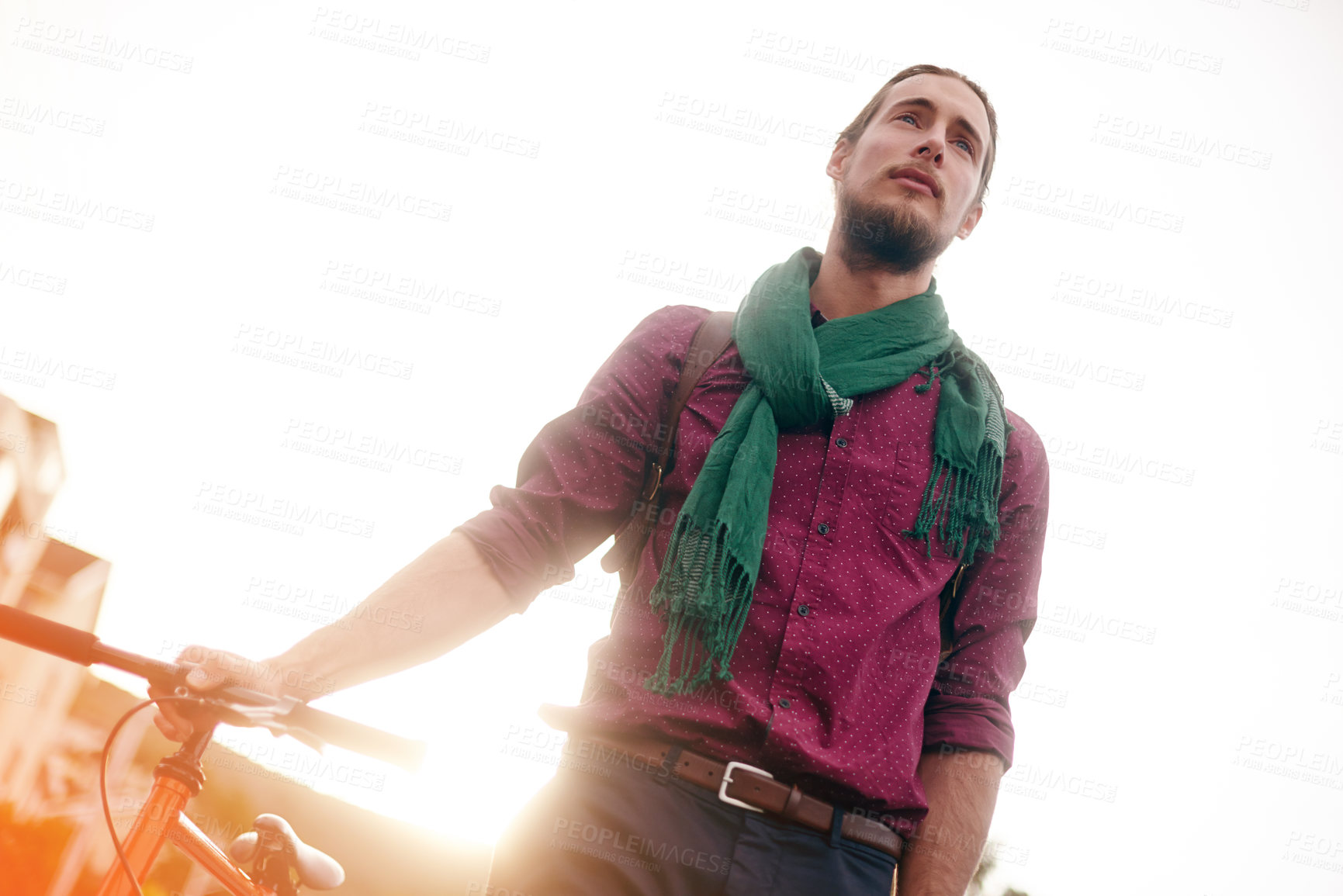 Buy stock photo Entrepreneur, thinking or man with bike in sunrise for eco friendly transport or job appointment. Morning, low angle or designer in town with city travel, creative fashion or bicycle for career space