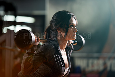 Buy stock photo Weightlifting, barbell and exercise with woman in gym for back squat, training and workout. Bodybuilder, muscle challenge and fitness with person and weights in club for wellness and strong athlete