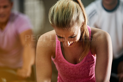 Buy stock photo Studio, smile or woman in spin class for training or exercise for wellness, cardio health or fitness. Happy, club and female person on bike machine for workout, body or challenge in gym community