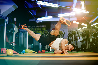 Buy stock photo Breakdance, creative or man in gym for dancing, calisthenics training or workout with fitness. Athlete, floor or flexible dancer in club with stability for balance, acrobatics or strength exercise 