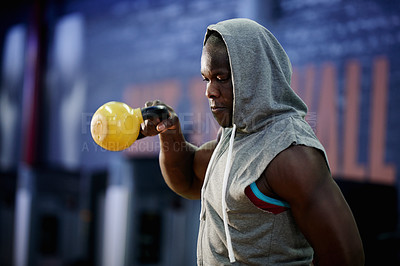 Buy stock photo Fitness, black man or kettlebell exercise at gym for strength training, power or muscle development. Health club, athlete and sweat with weights for endurance challenge and intense functional workout
