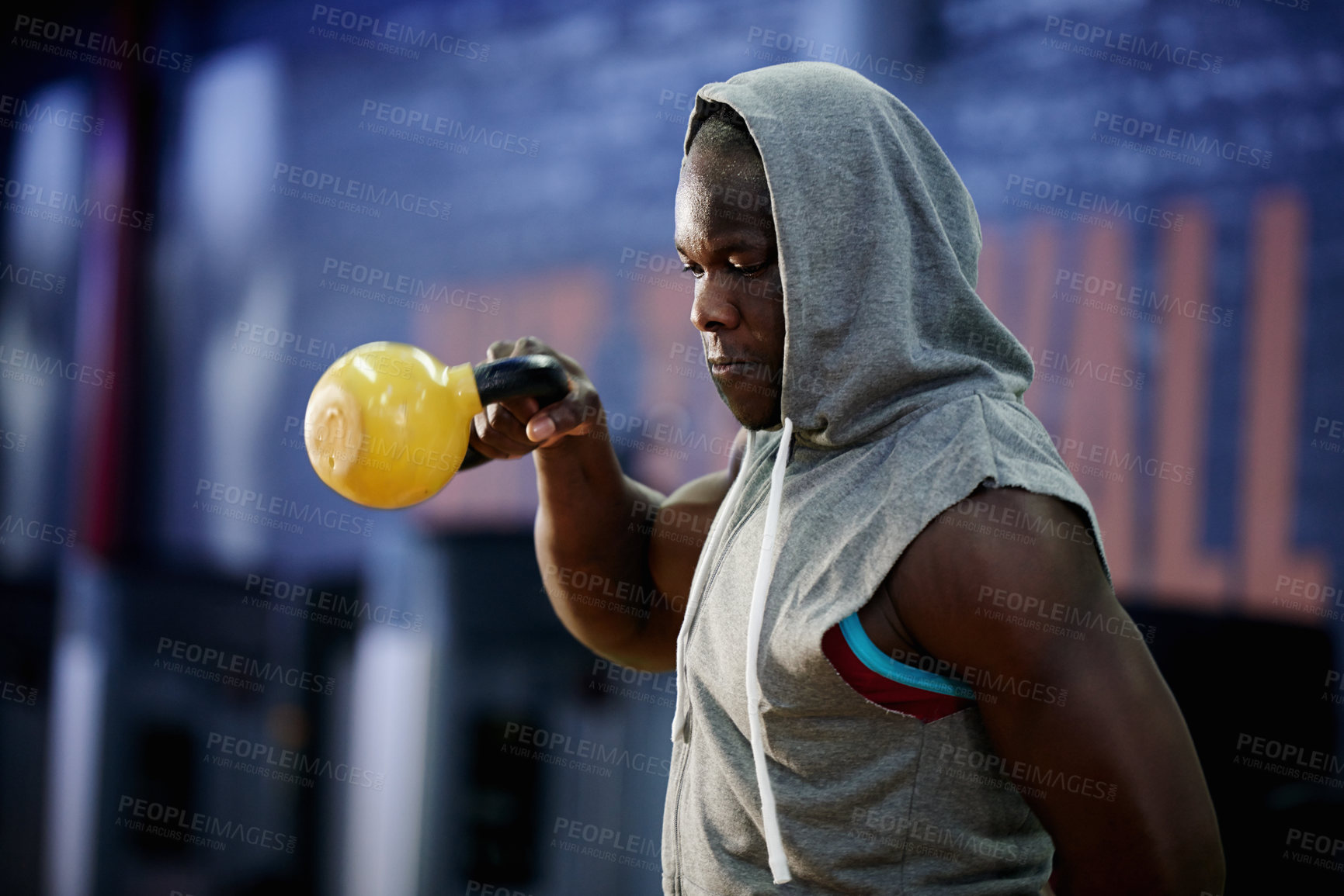 Buy stock photo Fitness, black man or kettlebell exercise at gym for strength training, power or muscle development. Health club, athlete and sweat with weights for endurance challenge and intense functional workout