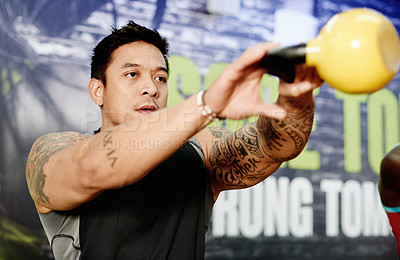 Buy stock photo Fitness, man and swing kettlebell at gym for strength training, burning calories or weightlifting. Health club, athlete or exercise with weights for endurance challenge, functional workout or balance