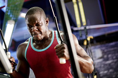 Buy stock photo Workout, muscle and intense with black man in gym for pulley machine, training and fitness. Health, exercise equipment and bodybuilder with person in sports club for weightlifting, strong and athlete