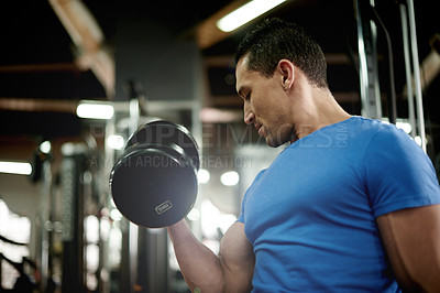 Buy stock photo Weights, fitness and man in gym for workout, wellness or body building for strength challenge. Training, health and male athlete lifting dumbbell for arm exercise for activity in sports center.