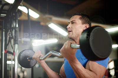 Buy stock photo Weights, fitness and man in gym for exercise, wellness or body building for strength challenge. Training, health and male athlete lifting barbell for arm workout for activity in sports center.
