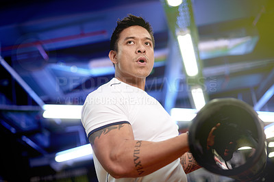 Buy stock photo Training, bodybuilder and tube with man in gym for heavy equipment, workout and challenge. Health, athlete and wellness with strong person in sports club for weightlifting, exercise and muscle