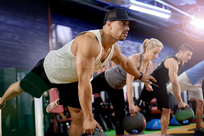 Buy stock photo Kettlebell, workout and class with people in gym for training bootcamp, bodybuilder and fitness coaching. Health challenge, weightlifting and muscle with group of athletes in sports club for exercise