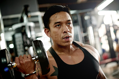 Buy stock photo Fitness, athlete and man with dumbbell, gym or bodybuilder with muscle, training or exercise routine. Power, bodybuilding and person with equipment for strength, health and workout for wellness