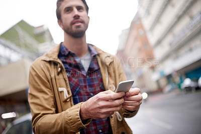 Buy stock photo Travel, outdoor and man with smartphone, street and online for directions of urban road or thinking. City, traveller and person with mobile for map, searching and commuting to job interview with tech