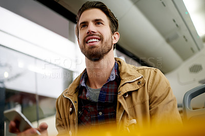 Buy stock photo Thinking, travel and happy man on bus with phone for appointment, social media or journey. Public transportation, ideas and person with memory in morning commute for interview, metro or tram services