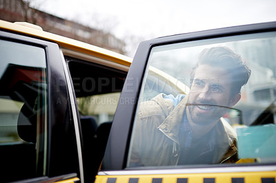 Buy stock photo Taxi, door and man in city for commute, outdoor tourism and transport booking for happy urban adventure. Smile, car and face of male passenger at window for exit, street and cab travel in road