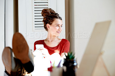 Buy stock photo Home, girl and thinking with smartphone for chat, online communication and happiness with thoughts. House, teenage female person and smile with technology, connection and reflection for social media