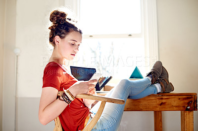 Buy stock photo Home, relax and teenage girl with smartphone, connection and social media with communication. Apartment, mobile user and person with cellphone, texting and message to contact, network and chatting