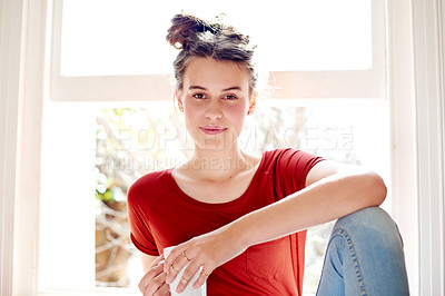 Buy stock photo Portrait, girl and relax with coffee at house for morning start, espresso beverage and weekend break. Female teenager, rest and drink for herbal tea, peace and satisfaction with self care for holiday