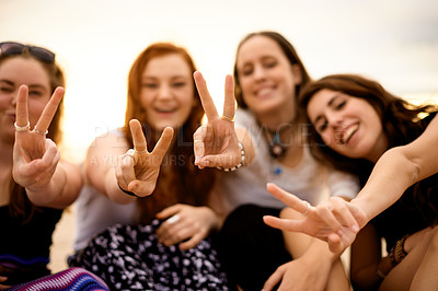 Buy stock photo Hands, portrait and peace sign with friends outdoor, happy girl group and travel vacation for bonding. Smile, gesture or emoji with people for adventure, holiday or weekend together for reunion