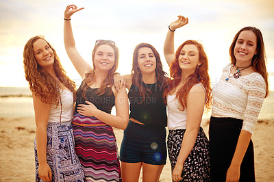 Buy stock photo Women, portrait and  friends at beach for travel, happy girl group and vacation for bonding. Smile, sunset and female people for adventure, holiday or weekend together for reunion for break in Cancun