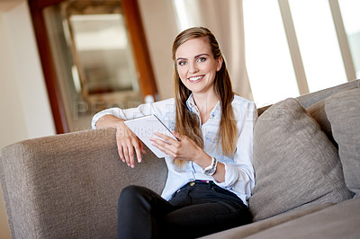 Buy stock photo Portrait, woman and smile with tablet at house for remote work, research and editing article. Happy, female person and digital for copywriting, news story and review draft for publication information