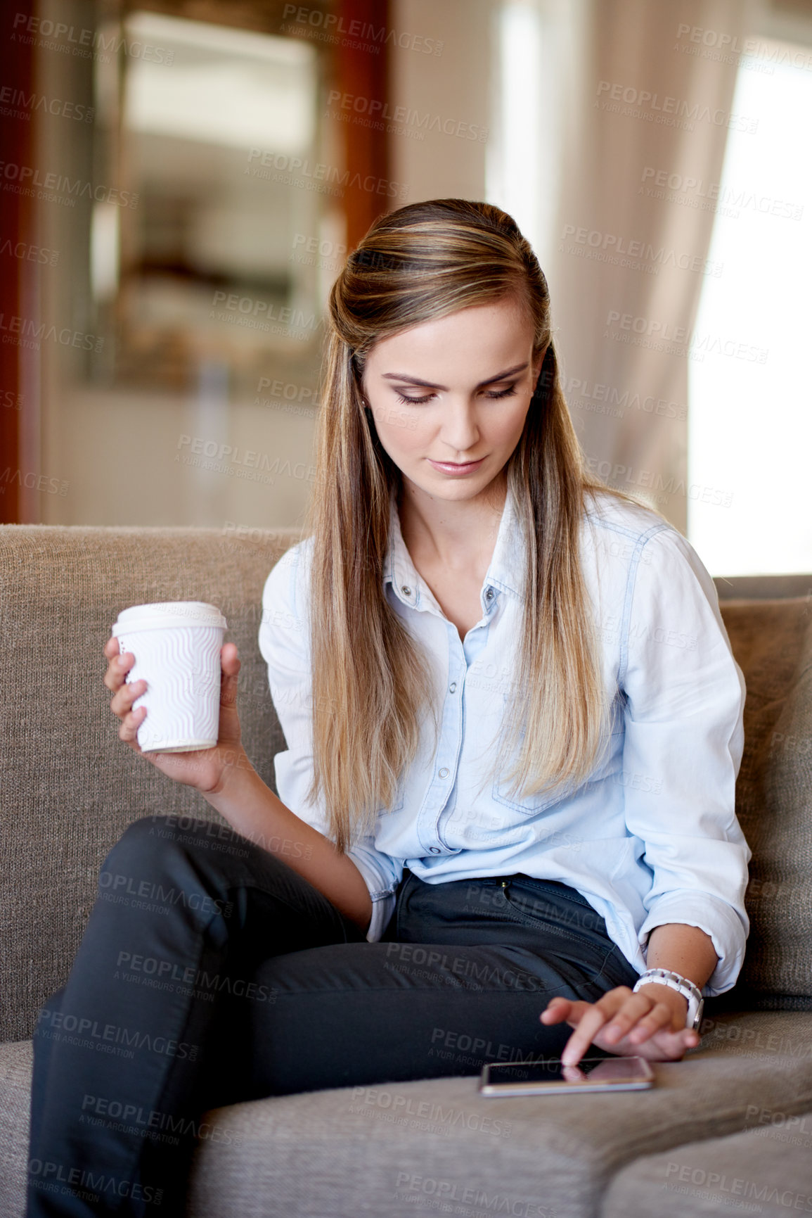 Buy stock photo Woman, thinking and tablet on sofa with typing, social media or planning in home. Girl, student and warm beverage in living room on study break, blog update or idea for creative writing assignment