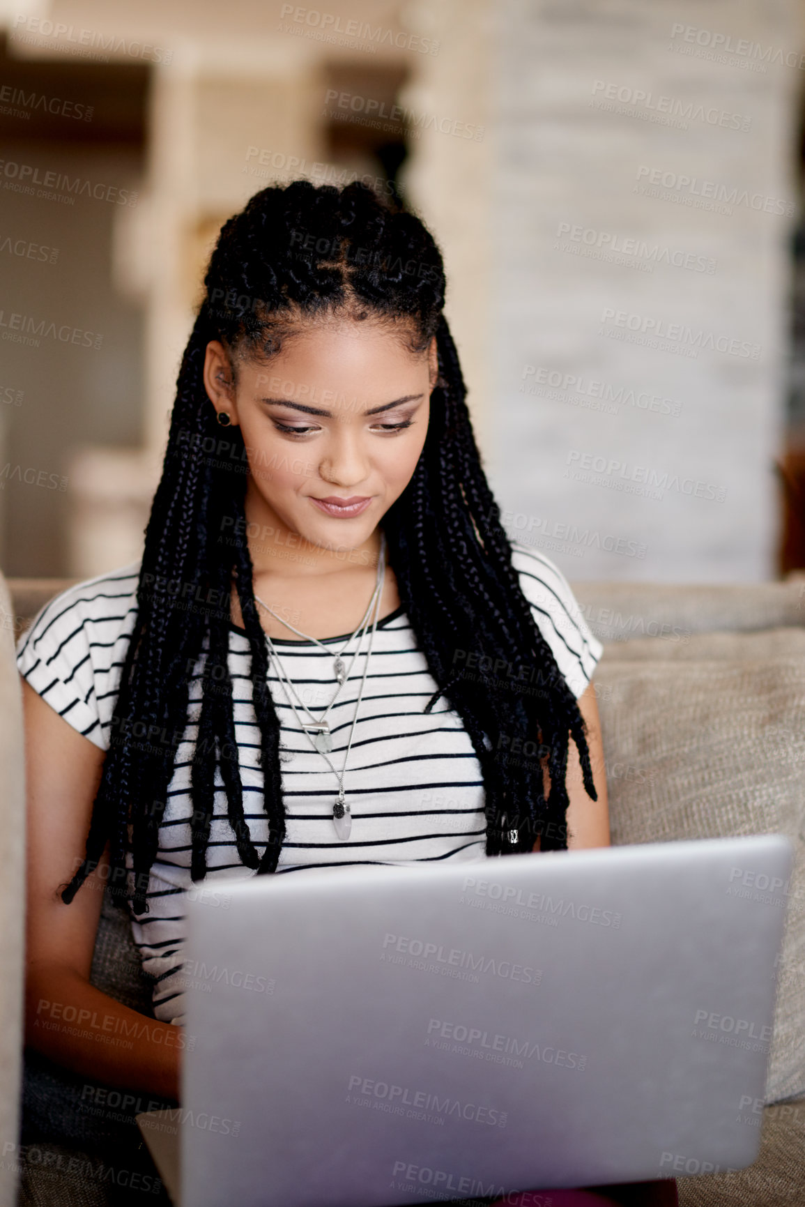 Buy stock photo Reading, student and laptop with woman on sofa for scholarship application, research and online course. College tuition, financial aid and University credits with person in living room of home