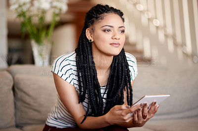 Buy stock photo Home, vision and woman with tablet for remote work, planning or decision with interior designer. African freelancer, living room and reflection with technology for thinking, insight and decor ideas