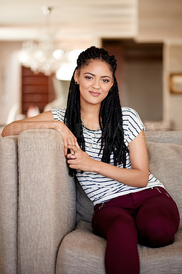 Buy stock photo Pride, student and portrait with woman on sofa for peace, comfortable and me time. College break, happiness and chill with female person in living room of home for weekend, resting and confidence