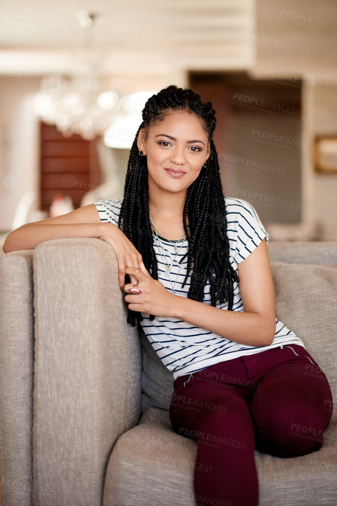 Buy stock photo Pride, student and portrait with woman on sofa for peace, comfortable and me time. College break, happiness and chill with female person in living room of home for weekend, resting and confidence