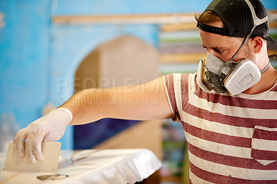 Buy stock photo Respirator, PPE and man with fiberglass, surfboard and creativity for skills, talent and hobby. Man, artist and entrepreneur with workshop for design, manufacturing and custom work for artisan craft
