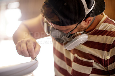 Buy stock photo Mask, PPE and man with surfboard, repair and creative for skills, talent and hobby. Craftsman, artist and entrepreneur with workshop for design, manufacturing and custom work for artisan craft