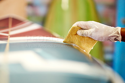 Buy stock photo Hands, gloves and person with surfboard, polish and creative for repair and resin skills. Craftsman, artist and sponge with workshop PPE for design, manufacturing and custom work for artisan craft