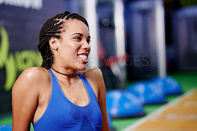 Buy stock photo Fitness, woman or rest with thinking at gym for exercise break, intense workout or wellness routine. Reflection, happy african person or sweat at health club for endurance training, recovery or space