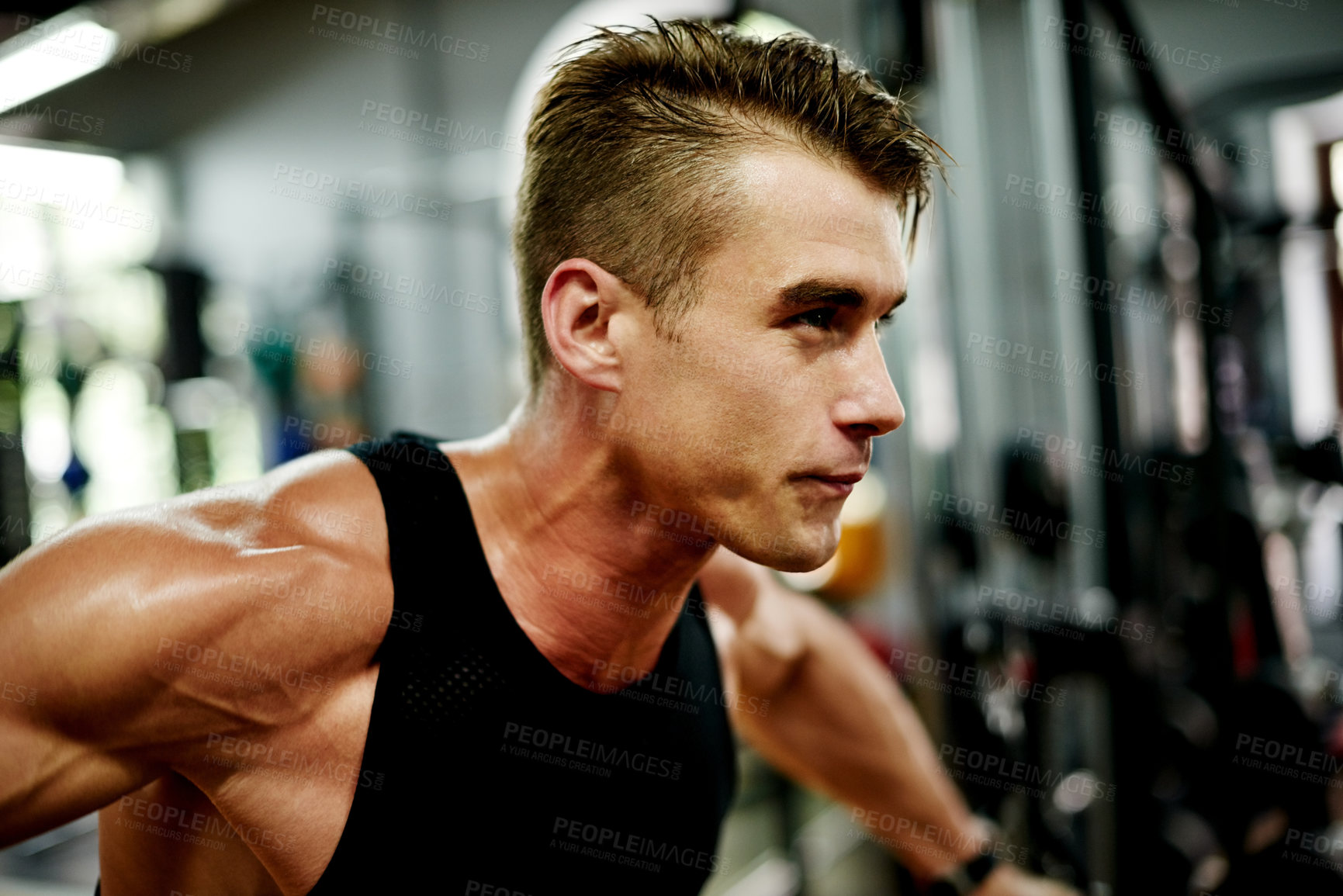 Buy stock photo Serious, man and exercise for bodybuilder, workout and fitness in gym for health and strength. Male person, weightlifting and athlete for muscle development, challenge or training for wellness